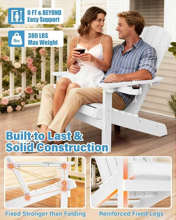 YEFU Adirondack Chair Weather Resistant: Outdoor Chair HIPS Plastic Adirondack Chairs - Patio Chairs with Wood Texture - Lawn Fire Pit Deck Porch Garden Chairs for Adults (White)