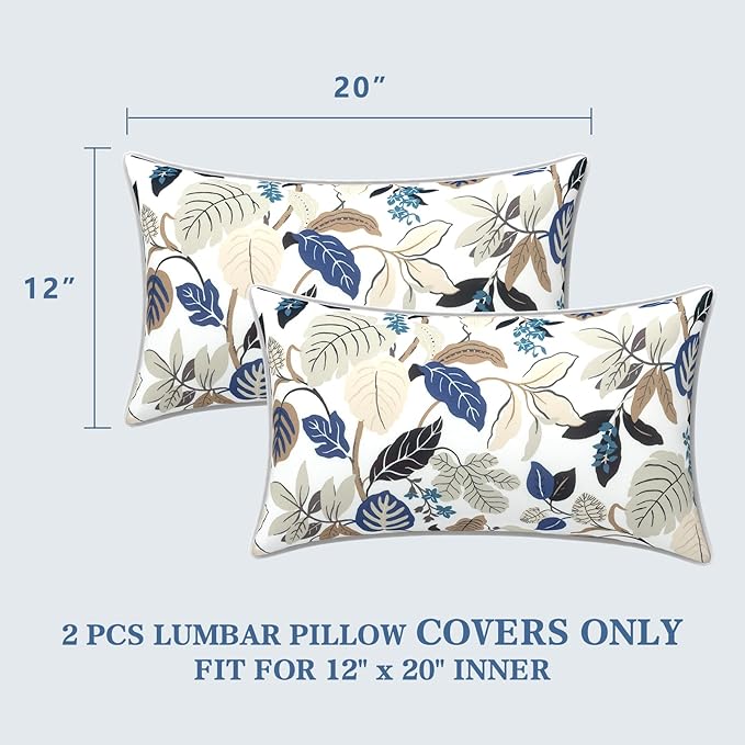 LVTXIII 2 Pack Outdoor Lumbar Pillow Covers 12x20 Inch with Piping, Water-Repellent Back Cushion Covers ONLY for Patio Furniture, Sofa, Garden Bench, Breeze Leaves Beige