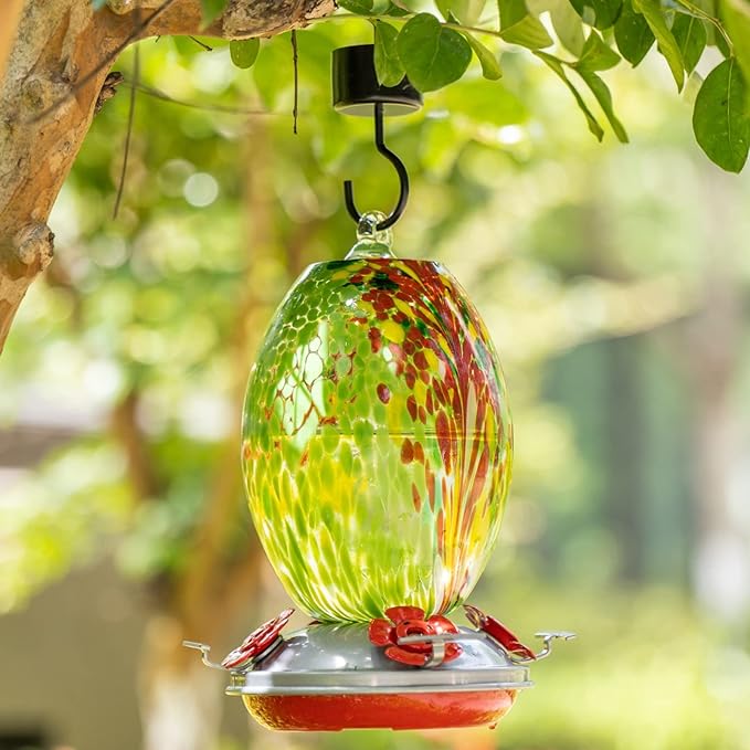 Muse Garden Glass Humming Bird Feeders for Outdoors - 27OZ Blown Glass Hummingbird Feeder - Unique Gift Mom Women Grandparents, Outdoors Hanging Garden Decor, Ant Moat & Brush, Green Floral