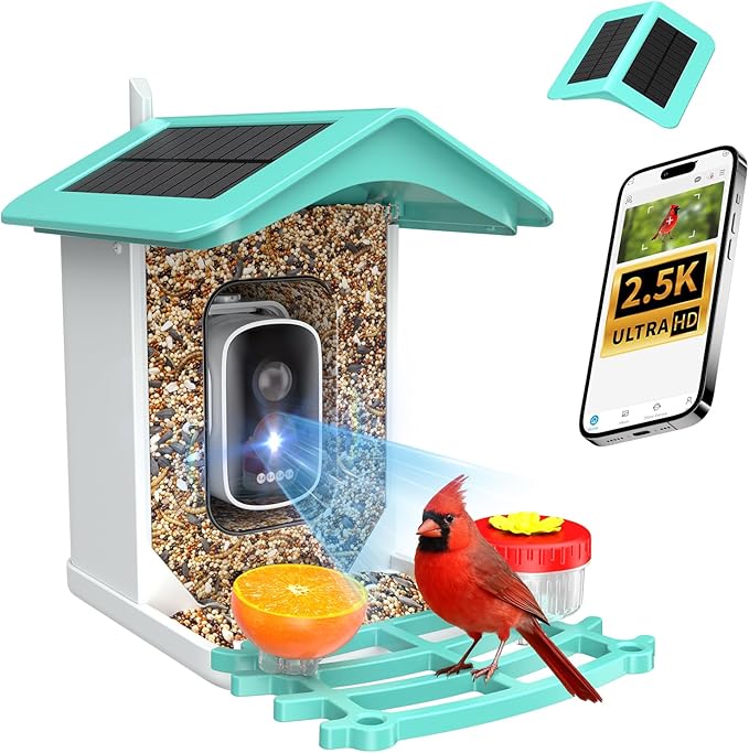 isYoung Smart Bird Feeder with Camera, AI Identifies 16,000+ Birds, Solar Powered, 2.5K HD, Auto Capture & Notify, Ideal Gift for Bird Lovers