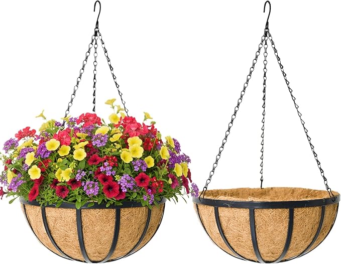 2 Pack 12 Inch Round Hanging Basket with Coco Liners， Metal Hanging Baskets for Plants Outdoor， Hanging Planter with Chain Garden Products for Outdoor, Porch, Lawn, Garden
