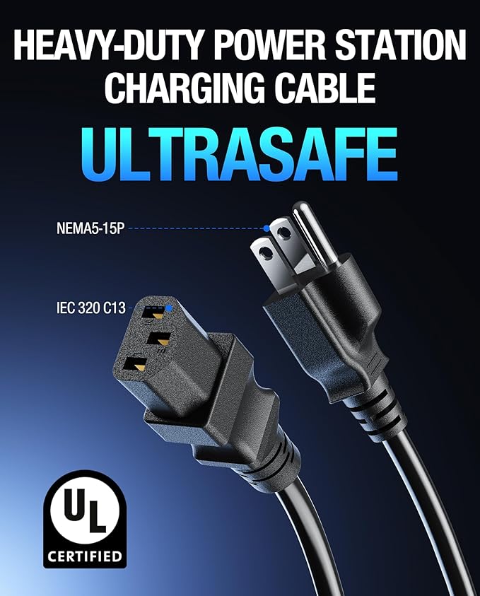 UL Listed Heavy-Duty Power Station Fast Charging Cable, 14AWG 125V 15A Power Cord for Jackery Explorer 3000/2000/1500/1000 Pro, Ecoflow Delta/River, Bluetti EB3A, Anker 757/767, Segway Cube, DJI(6FT)