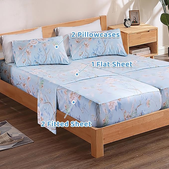 QSH 100% Cotton Floral Sheets for Split King Size Bed, Blue Flowers Plant Pattern Botanical Luxury Cotton Printed Floral Bedding Split King Sheet with Deep Pockets 17" Soft and Breathable 5pcs