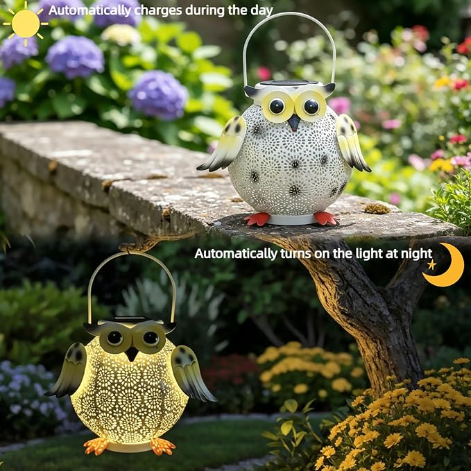 1 Pack Hanging Solar Lanterns - Garden Light Waterproof Metal Decorative Solar Lantern Lights Outdoor for Patio Yard Table Pathway (White owl 1pk)