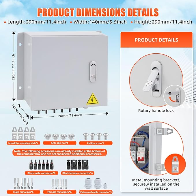 Doniks 6 String Metal Solar Combiner Box, IP65 Waterproof PV Combiner Box with 20A Rated Current Fuse, 63A Air Circuit Breaker,Lightning Arrester, Metal Box for On/Off Grid Solar Panel System