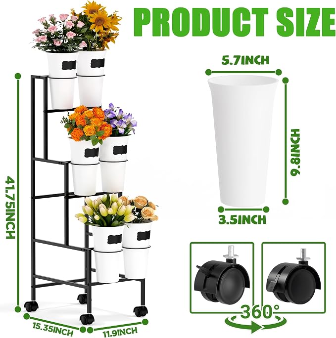 Flower Display Stand with 6 Buckets, Flower Cart with Wheels, 3 Layers Metal Flower Bar Stand Moving Flower Stand Florist Bouquet Shelf for Weddings Party Ceremony Indoor Outdoor Garden (Black)