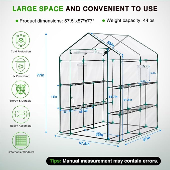 Yesker Greenhouse 57.5"x57"x77" Walk In Green House - Large Outdoor/Indoor Greenhouses with 8 Shelves Waterproof PVC Cover & Windows, Portable Greenhouse Kit for Winter Backyard Gardening Patio, Clear