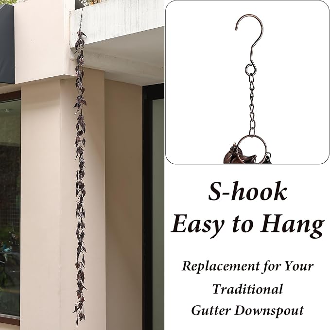 8.5 FT Rain Chain, Leaves Rain Chains for Gutters and Downspouts, Decorative Rain Chains for Outside, Metal Rain Catcher Gutter Chain Downspout, Decorate Your House and Garden, Antique Copper