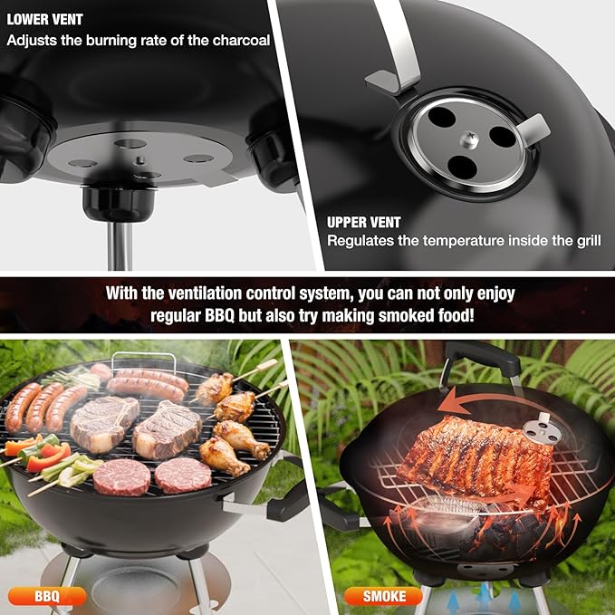 18 inch Charcoal Grill, Portable Kettle BBQ Grills, Barbecue Gift, Durable & Easy to Assemble, Round Barbecue Grill for Outdoor Cooking, Patio and Beach, Black