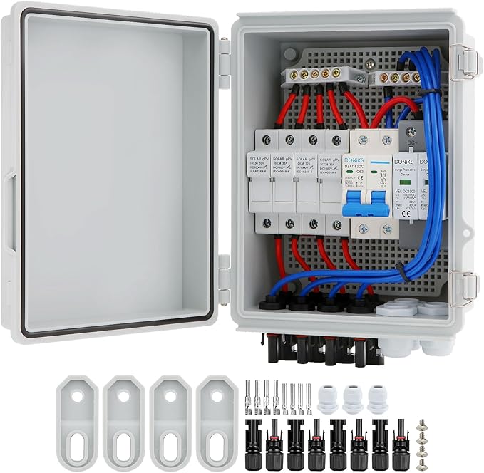 4 String Solar Combiner Box, IP65 Waterproof PV Combiner Box with 20A Rated Current Fuse, 63A Air Circuit Breaker,Lightning Arrester for On/Off Grid Solar Panel System