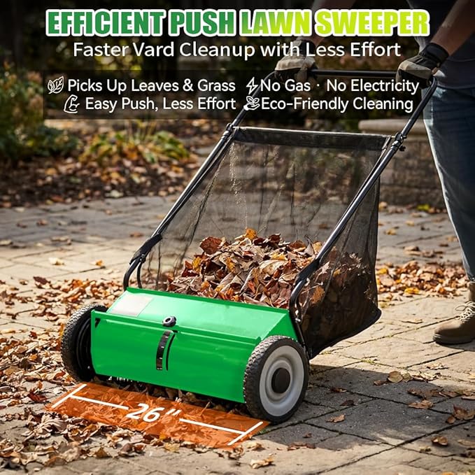 PPOLB 26" Push Lawn Sweeper, 7 cu.ft Large Capacity Yard Sweeper Push, 5:1 High-Density 4 Brushes, Adjustable Height, Heavy Duty Leaf Collector with Detachable Hopper, Rubber Wheels, Ergonomic Handle