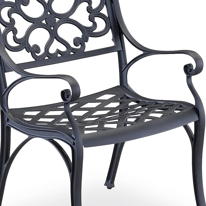 Homestyles Sanibel Black Stationary Cast Aluminum Outdoor Dining Chair, 2 Piece Patio Chairs, Set of 2 Garden Chairs with Armrest & Backrest for Garden Patio Pool Beach Yard, Black