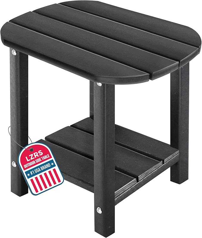 LZRS 2-Tier Patio Side Table, Heavy Duty HDPE Outdoor End Table with Wood Texture, Weatherproof Composite Table for Adirondack Chairs, Deck, Pool, Indoor/Outdoor, No Peeling Cracking(Black)
