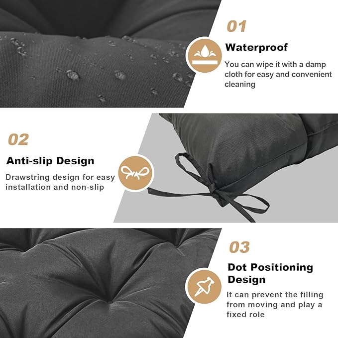 Porch Replacement Swing Cushions for Outdoor: 2-3 Seater Garden Waterproof Patio Bench Cushion with Ties - 4" Thick Swing Chair Cushion for Backyard Furniture Loveseat