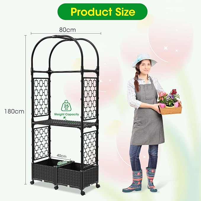 Planter Box with Trellis,5.9ft/71in Self Watering Raised Garden Bed with Wheels and Storage Shelf,Drainage Holes,for Flower Rattan Vines Plant Climbing Tomato Vegetable Indoor Outdoor Garden Patio