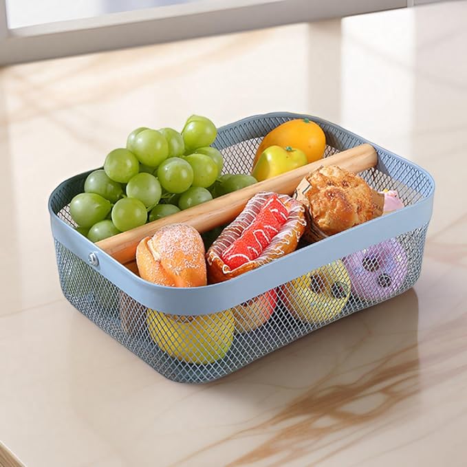 AJIODA Metal Mesh Steel Storage Basket, Garden Harvest Wire Organizer Basket Multi-functional Kitchen Fruit Basket with Wooden Removable Partition & Handle for Bathroom Picnic Decor Cabinet, Blue