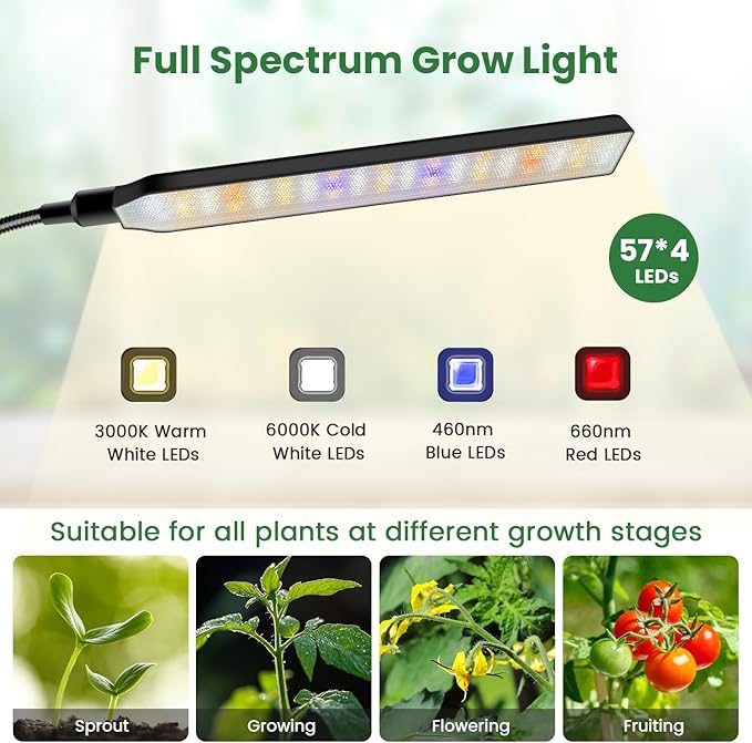 Kullsinss Grow Lights for Indoor Plants with Stand, 4-Heads Full Specturm Plant Grow Light with 4/8/12/16H Timer, 3 Color Modes, 360° Flexible Gooseneck, 24-68.7in Hight Adjustable Grow Lamp, Black