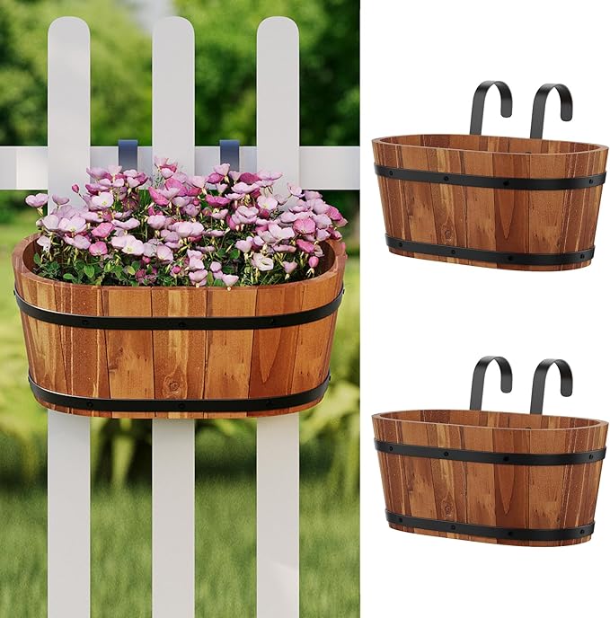 Hanging Wooden Flower Pots, Railing Planter for Any Balcony, Porch or Deck Countryside Style with Detachable Hooks for Garden Yard Home Decor (Brown)