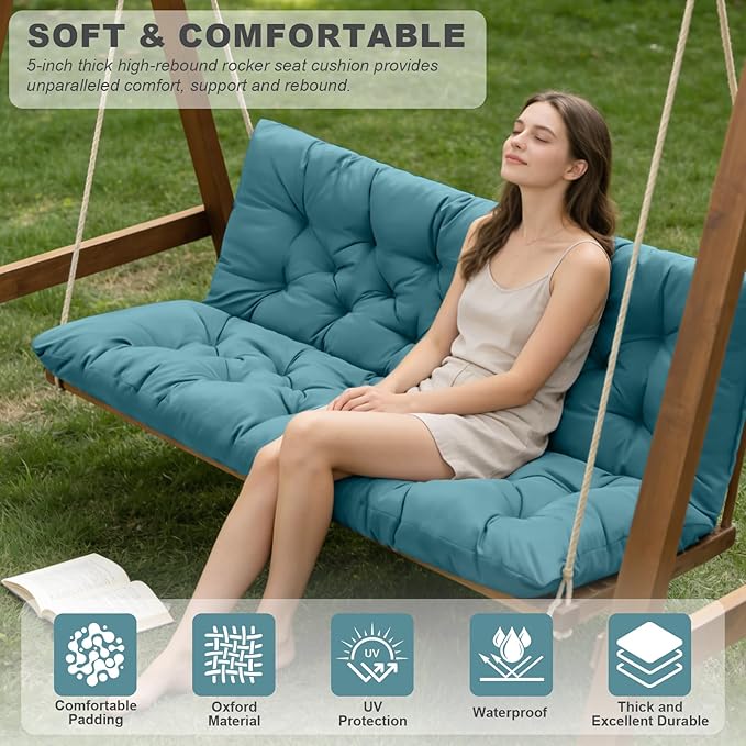 Porch Swing Cushions,Outdoor Cushions 3 Seater Replacement with Backrest, Waterproof Thickened Bench Cushion with Ties for Porch, Patio,Outdoor, Backyard and Garden (Lake Blue 40 * 40 in)