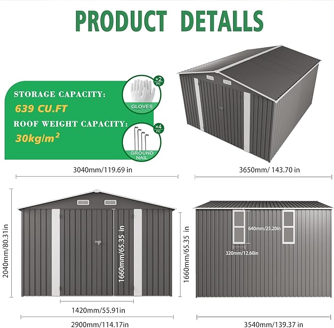 YOPTO 10x12 FT Outdoor Storage Shed,Large Metal Garden Shed with Double Door and Two Windows Waterproof Tool Shed for Backyard Patio Lawn Poolside,Grey