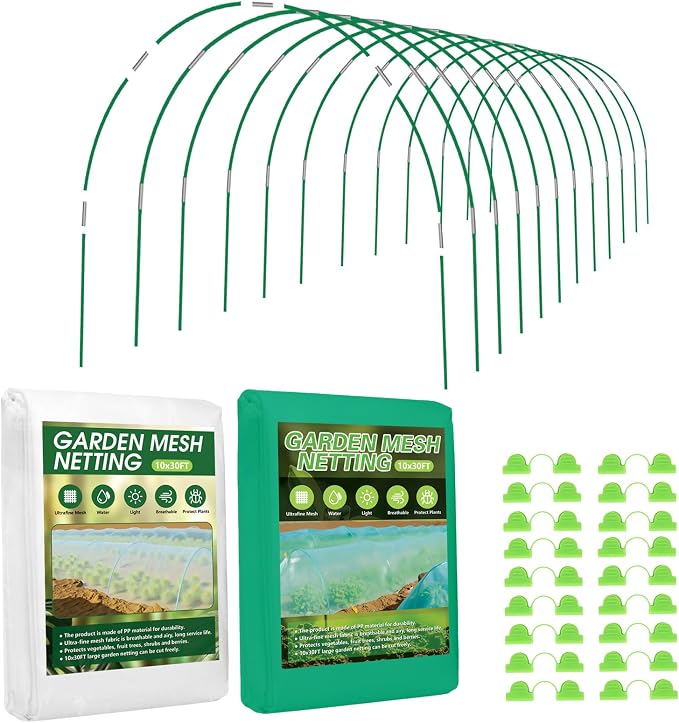 2 x Garden Netting Kit, 10x30FT Green Mesh Netting+10x30FT White Mesh Netting+ 12 Sets of 8FT Fiberglass Garden Hoops for Raised Beds