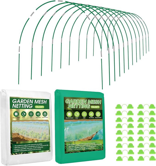 2 x Garden Netting Kit, 10x30FT Green Mesh Netting+10x30FT White Mesh Netting+ 12 Sets of 8FT Fiberglass Garden Hoops for Raised Beds