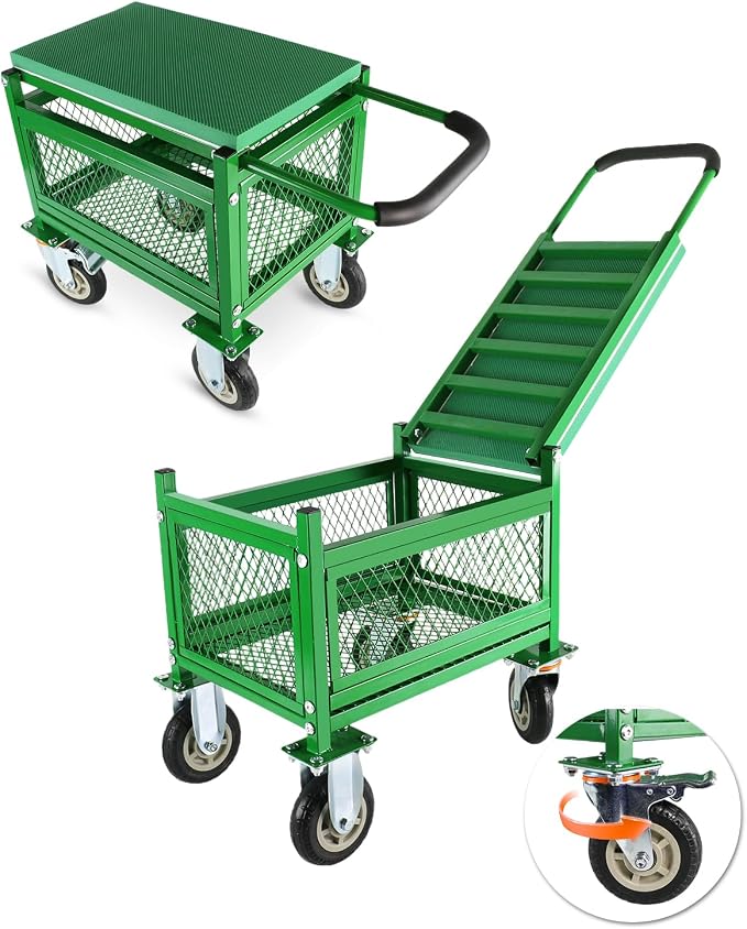 Garden Seat with Cart and Wheels for Seniors, Patio, Lawn & Yard | Lockable 360 Swivel Wheels, Heavy-Duty, Foam Handle Grip, Large Mesh Storage Basket, Comfortable Garden Rolling Seat