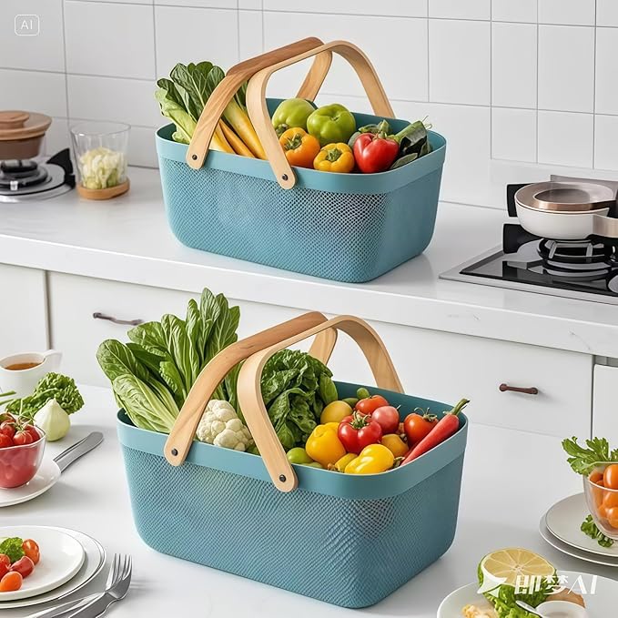 3pcs Collapsible Wooden Handle Plastic Harvest Basket - Rectangular Garden Storage Basket for Picking and Collecting Vegetables, Fruits - Ideal for Garden Cabinets & Outdoor Use(Blue)