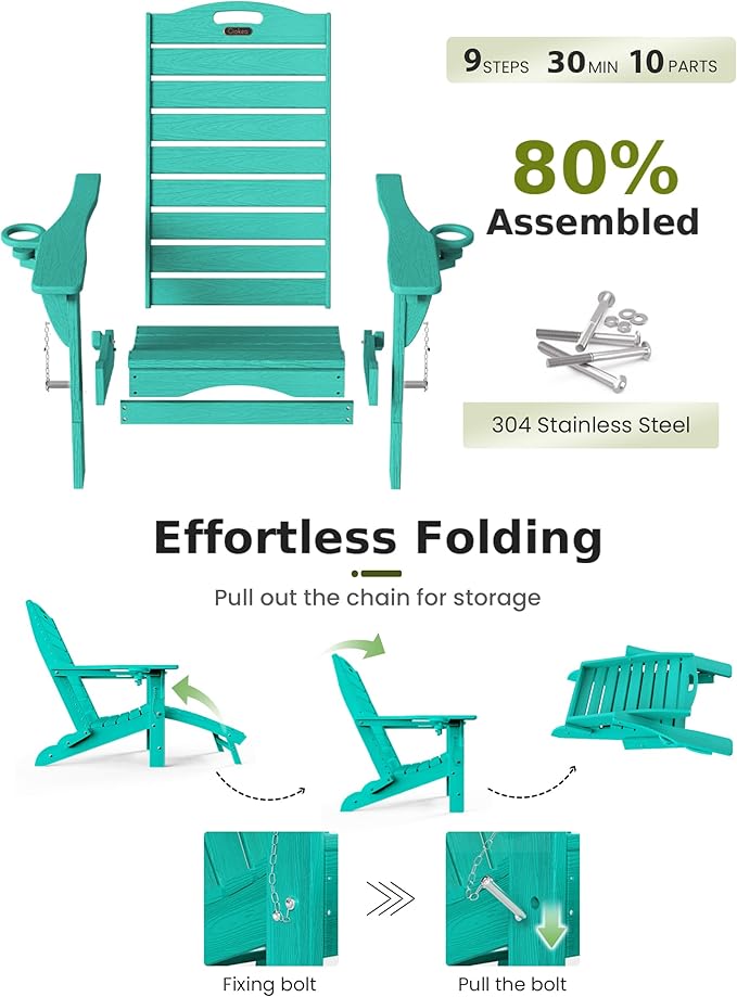 Ciokea Folding Adirondack Chair Set of 4 with Retractable Ottoman Fire Pit Patio Chair with Pull Out Foot Rest Weather Resistant Lawn Outdoor Chair with 2 Cup Holder (Lake Blue)