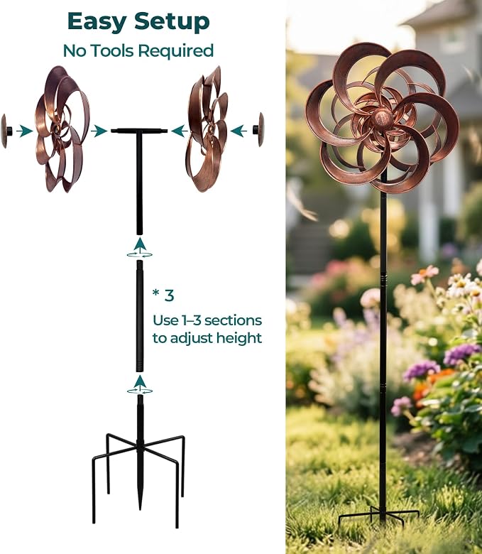 63" Metal Wind Spinner Outdoor, Double-Sided Kinetic Yard Spinner, Smooth Spinning Garden Decor, Stable 5-Prong Stake, Copper Yard Art for Lawn & Patio