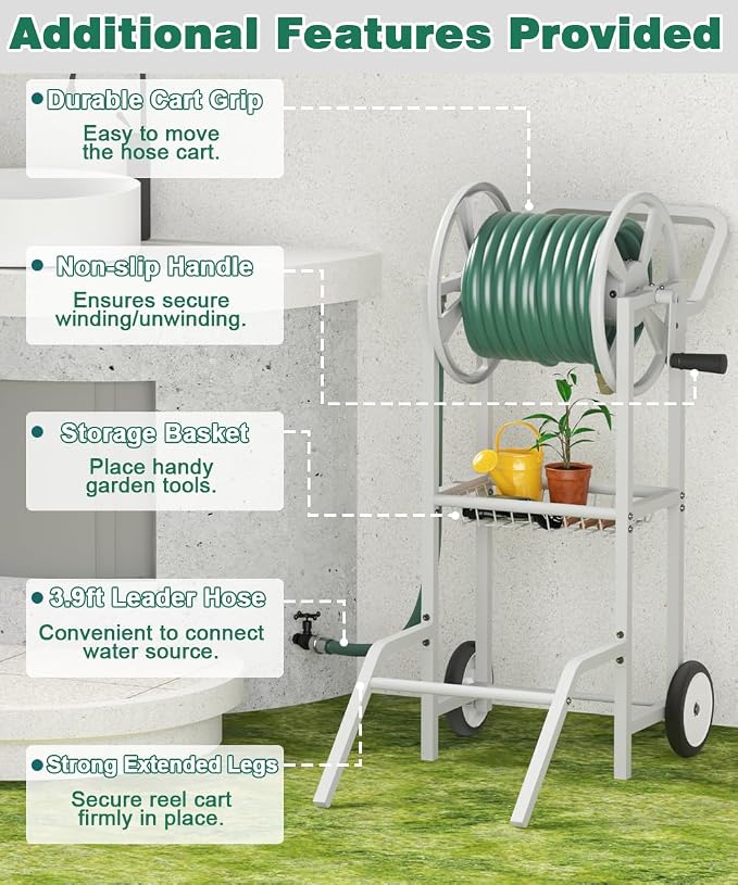 Artigarden Hose Reel Cart with 2 Wheels, Garden Water Hose Holder Heavy Duty Powder Coated Steel Outdoor Winder Storage Holds 125 ft 5/8" Hoses with Basket and 3.9ft Leader Hose for Backyard, White