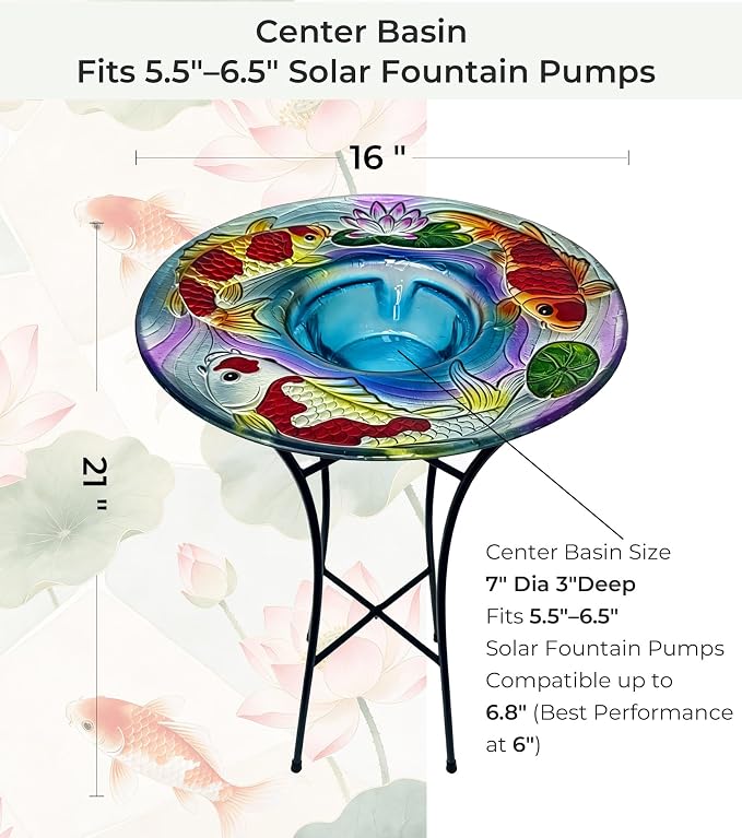 Bird Bath with Stand for Outside, Fits Solar Fountain Pump, Glass Birdbath Bowl for Garden Yard, Koi Design, Decorative Indoor Outdoor, Easy Clean, 21" H