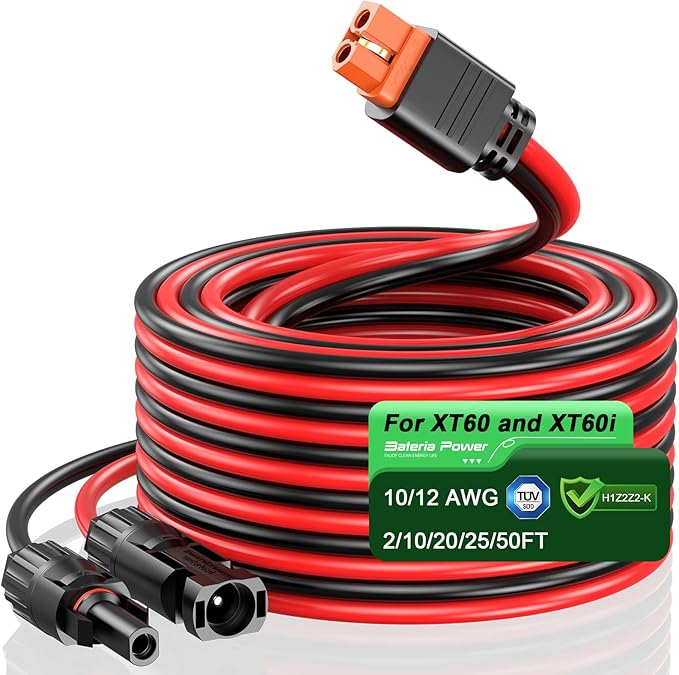 Bateria Power 10AWG XT60i Connector Cable, 10 Gauge 25FT Solar to XT60i Extension Cable for RV Foldable Solar Panel, Portable Power Station, Solar Generator