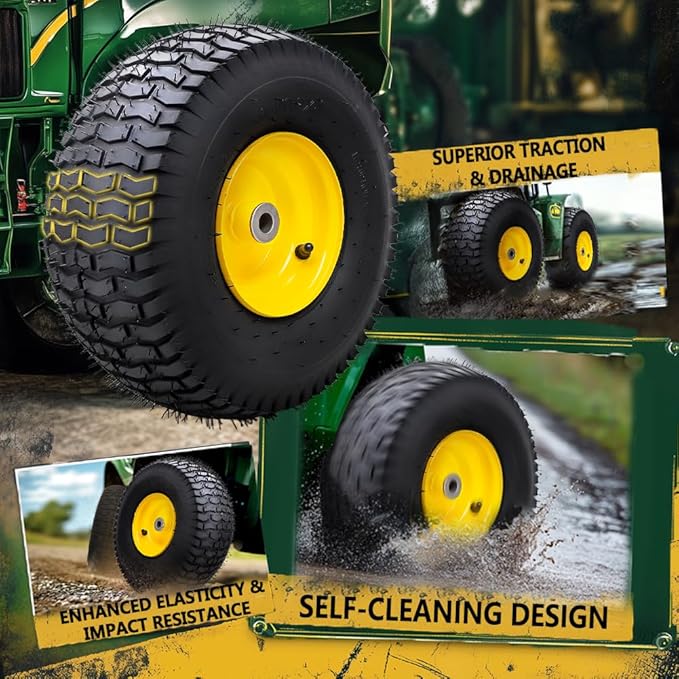 15x6.00-6 Tubeless Tire and Wheel Assembly(2 Pack) ，Replacement Riding Lawn Mower Front Tires,Compatible withRiding Mowers and Lawn Tractor, 3" Centered Hub and 3/4" Bushings（Yellow)
