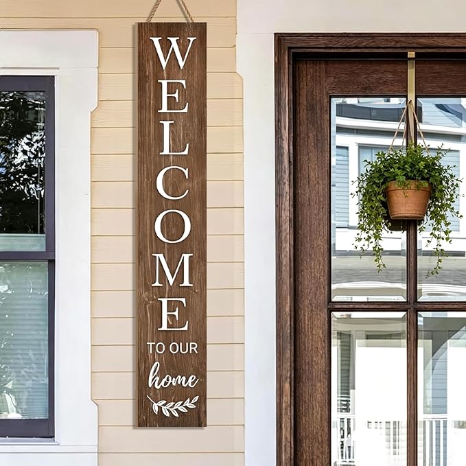 Summer Welcome Sign for Front Door, 47'' Brown Wooden Porch Sign Large Warm Greeting Door Sign Farmhouse Vertical Porch Sign Rustic Standing Welcome Yard Signs for Patio Outdoor Indoor Garden