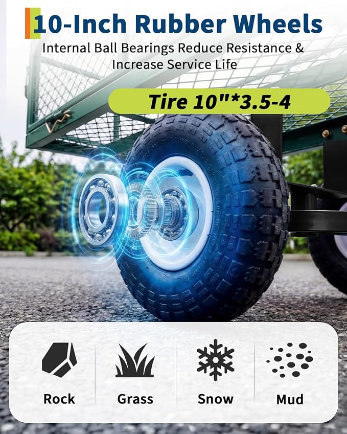 Garvee Versatile Outdoor Utility Cart-400LBS Heavy-Duty, 10" All-Terrain Pneumatic Tires, Easy Maneuverable Lawn Cart with Removable Mesh Panels for Gardening&Landscaping, Green, with Waterproof Liner