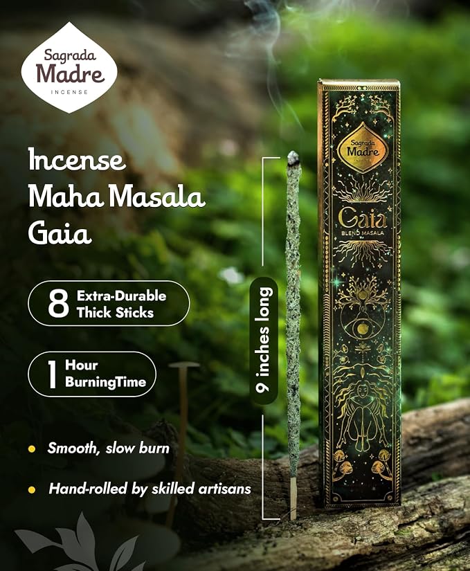 Sagrada Madre - 8 Extra-Durable Gaia Masala Incense Sticks - 9” Long Handmade, Thick Aromatherapy Sticks with Natural Herbs, Fruit Biomass for Inner Peace & Spiritual Connection - 1 Hour Burn Time
