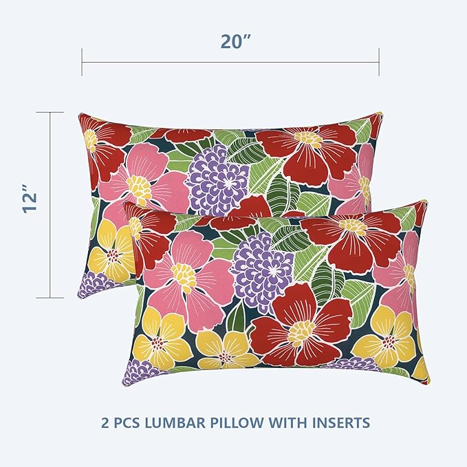 LVTXIII Set of 2 Patio Lumbar Pillows, 12" x 20" Fade Resistant Outdoor Lumbar Pillow with Inners, Fluffy Decorative Garden Lumbar Cushions for Home Patio Coach Sofa Use, Flower Bloom