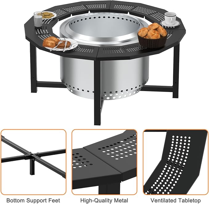 Fire Pit Surround Tabletop for Solo Stove Bonfire, Tiki, Outdoor Smokeless Fire Pit Table for Wood Burning Fire Pits, Powder-Coated Steel Stove Table Surround with Cover for Solo Stove