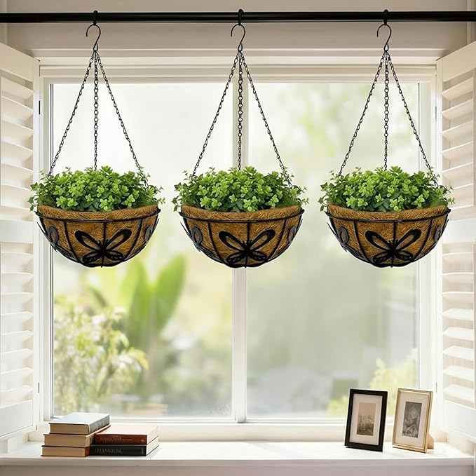 14 Inch Hanging Baskets for Plants Outdoor, 3 Pack Metal Wire Hanging Planters with Coco Coir Liners, Rust-Resistant Flower Basket with Chains & Hooks for Garden Patio Porch Deck Balcony
