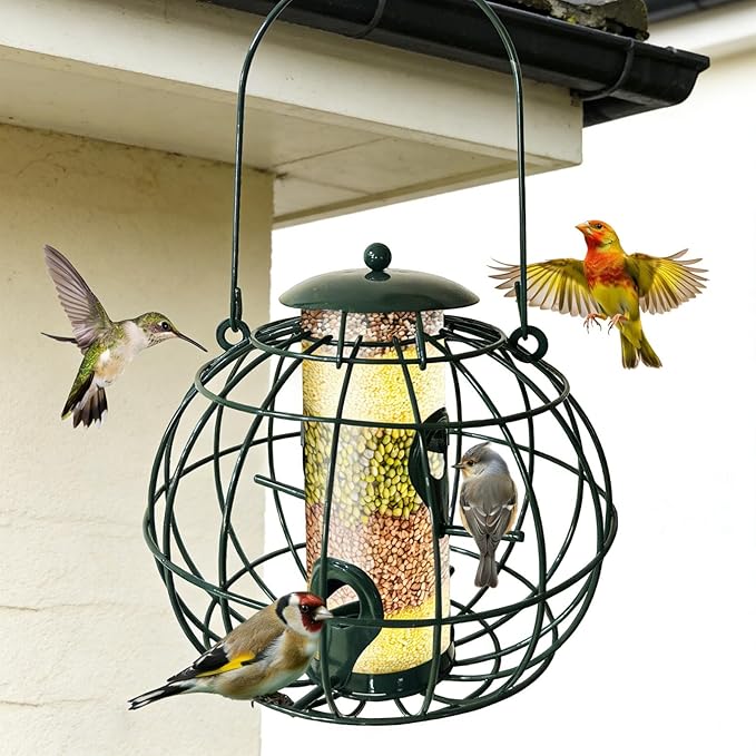 Squirrel Resistant Bird Feeder - Outdoor Hanging Wild Bird Feeder, Weatherproof Metal Tube Feeder for Finches & Small Birds, Green