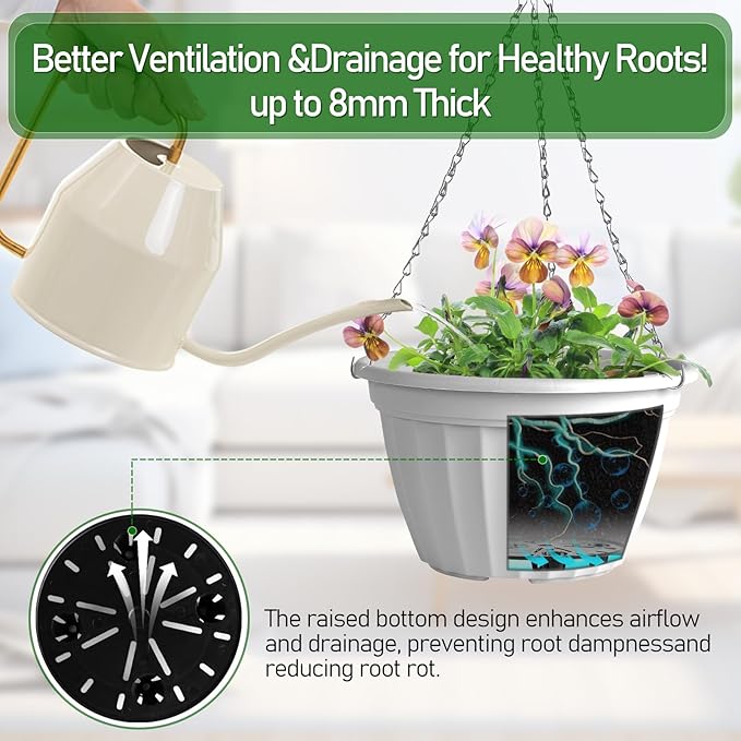 FGstyle Hanging Planters 10 Inch, 4 Pcs Self Watering Pots for Indoor Plants,Plastic Hanging Basket with Soil Elevator and 20" Chain for Home Garden Porch Balcony Patio Decor(White)