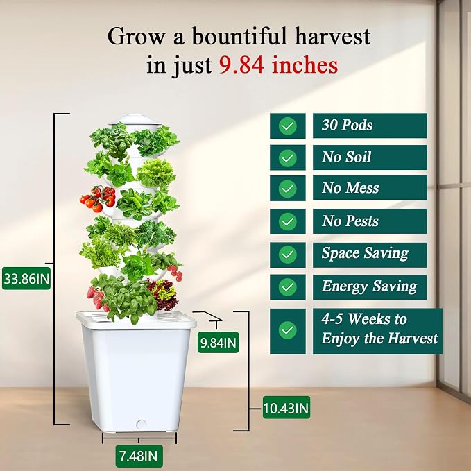 Hydroponics Growing System, 30-Plant Indoor Hydroponic Tower with Pump System, Plants Germination Kit, Smart Aeroponic Herb Garden, Vertical Hydroponic System for Gardening Lover (No Seed)