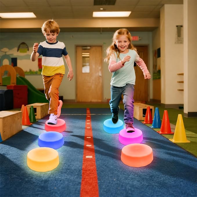 Light Up Stepping Stones for Kids Ages 3+ – LED Balance Stepping Stones with Step Activated Lights for Sensory Play, Obstacle Course, Indoor Outdoor Active Play (4 Pack)
