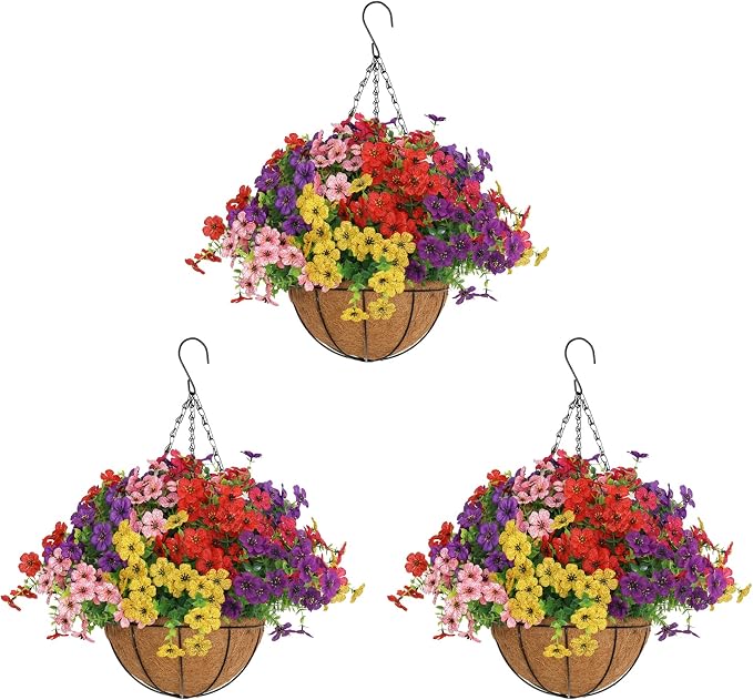 Senjie 3 Set Artificial Hanging Flowers with Basket for Outdoor Decor, UV Resistant 36 Bundles Faux Flowers Fake Hanging Planter for Porch Patio Balcony