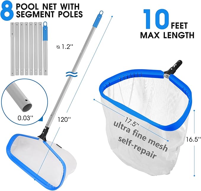 TidyMister Pool Cleaning Kit Full Set - 17.5'' Self-Repair Pool Nylon Net Ultra Fine Mesh & 17.5'' Detachable Round End Pool Brush & 10 Ft Pool Pole with Hook, for Above Ground In-ground Pools, Spas