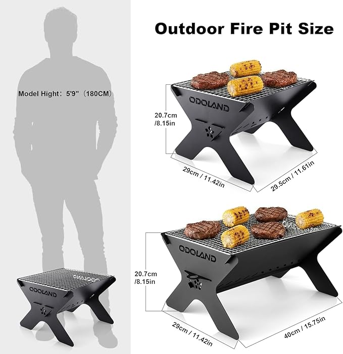 Odoland Camping Campfire Grill, Portable Folding Charcoal Grills, Backpacking BBQ Grill, Heavy Duty Firepit Grill with Carry Bag for Outdoor Cooking, Bonfire, Patio, Backyard