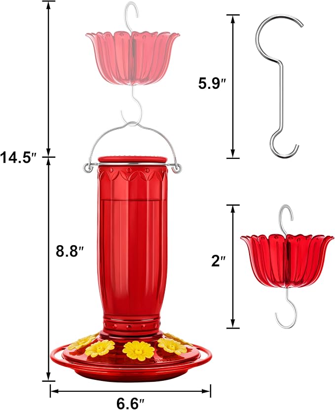 iBorn Hummingbird Feeders for Outdoors Hanging with Ant Moat for Hummingbird Feeder Glass 8 Ports for 16oz Hummingbird Nectar,Yellow Flowers Red Glass, Pack of 2