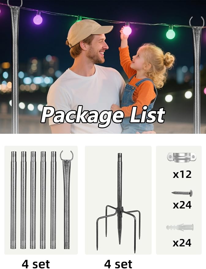 String Light Poles, 4 Pack 10ft Outdoor String Light Poles for Outside and Deck - Ideal for Patio, Garden, Yard, Front Porch Decorations, Frosted Silver