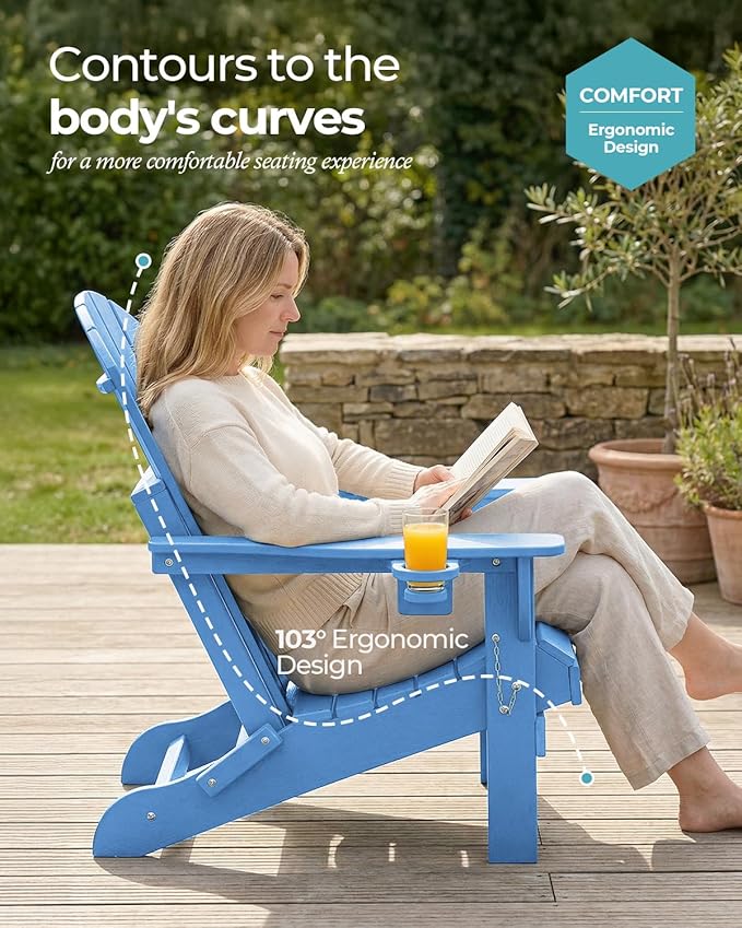 Ciokea Folding Adirondack Chairs Set of 4, Patio Adirondack Chair Weather Resistant, Plastic Fire Pit Chair with Cup Holder, Lawn Chair for Outdoor Porch Garden Backyard Deck, Baby Blue